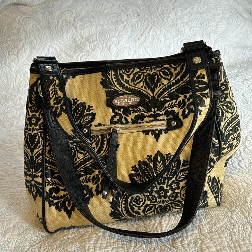 Spartina 449 Tan Linen & Black Leather Shoulder Hobo Bag